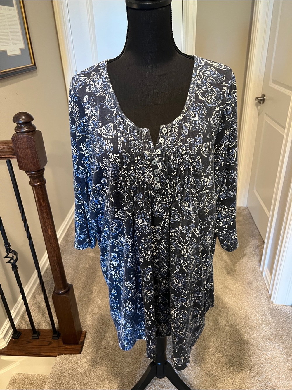 Woman Within Navy and White Floral Henley Tunic